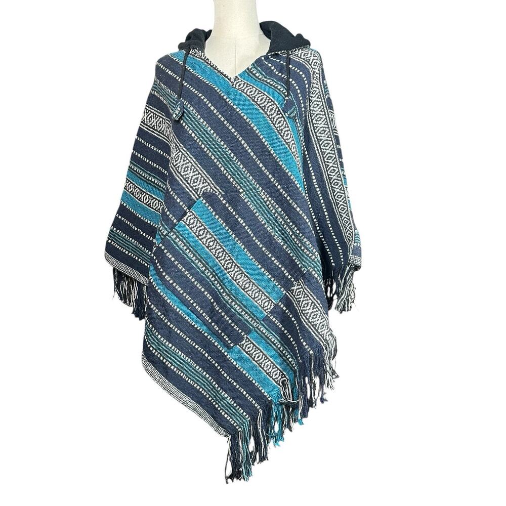 GYPSY‎ ROSE Mexican Poncho Nepal Striped Texture Fringe Hippie Hood Pocket OS